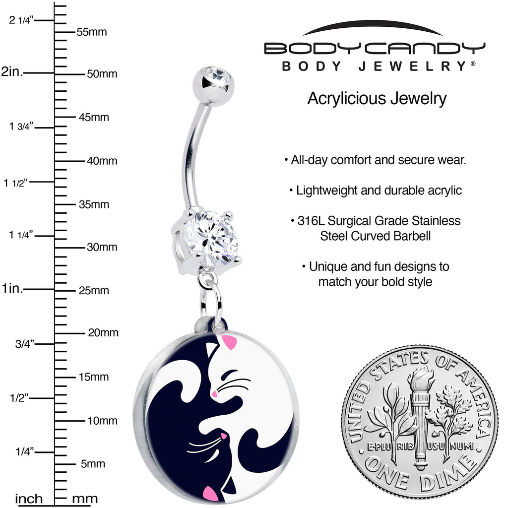 Yin Yang Cat Dangle Belly Ring with Double Gem in Silver and Black