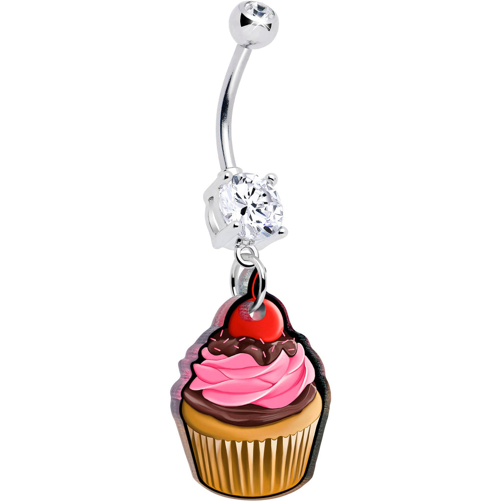 Double gem Valentine cupcake dangle belly ring on a silver-tone curved barbell