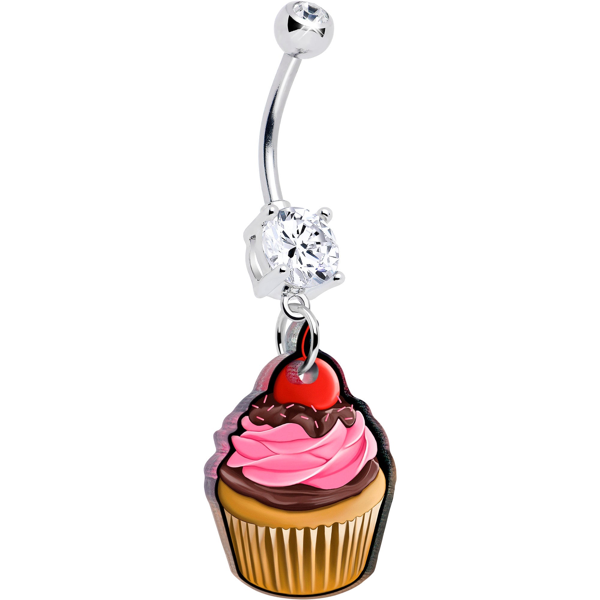 Double gem Valentine cupcake dangle belly ring on a silver-tone curved barbell