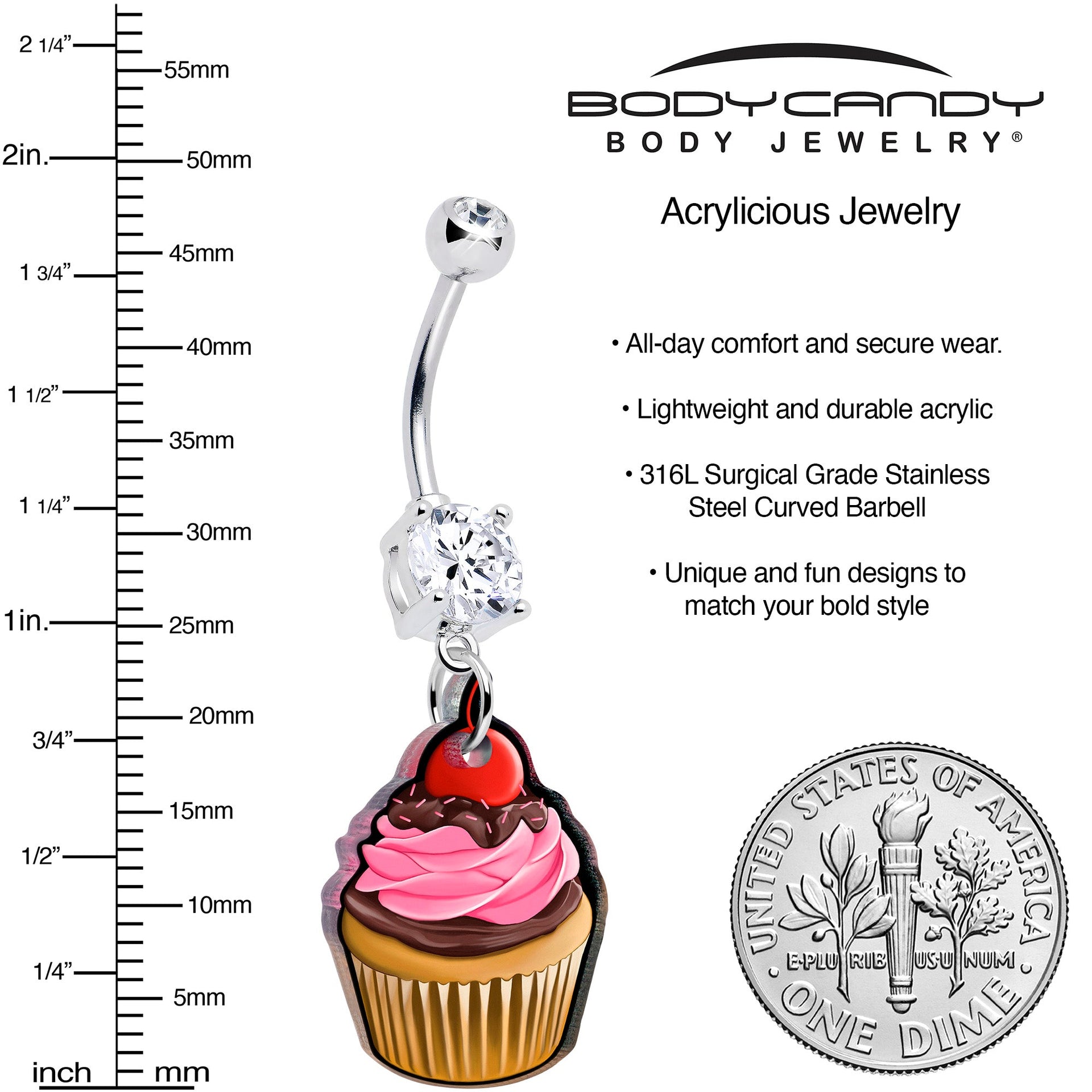 Valentine Cupcake Dangle Belly Ring with Clear Gem - Image 3