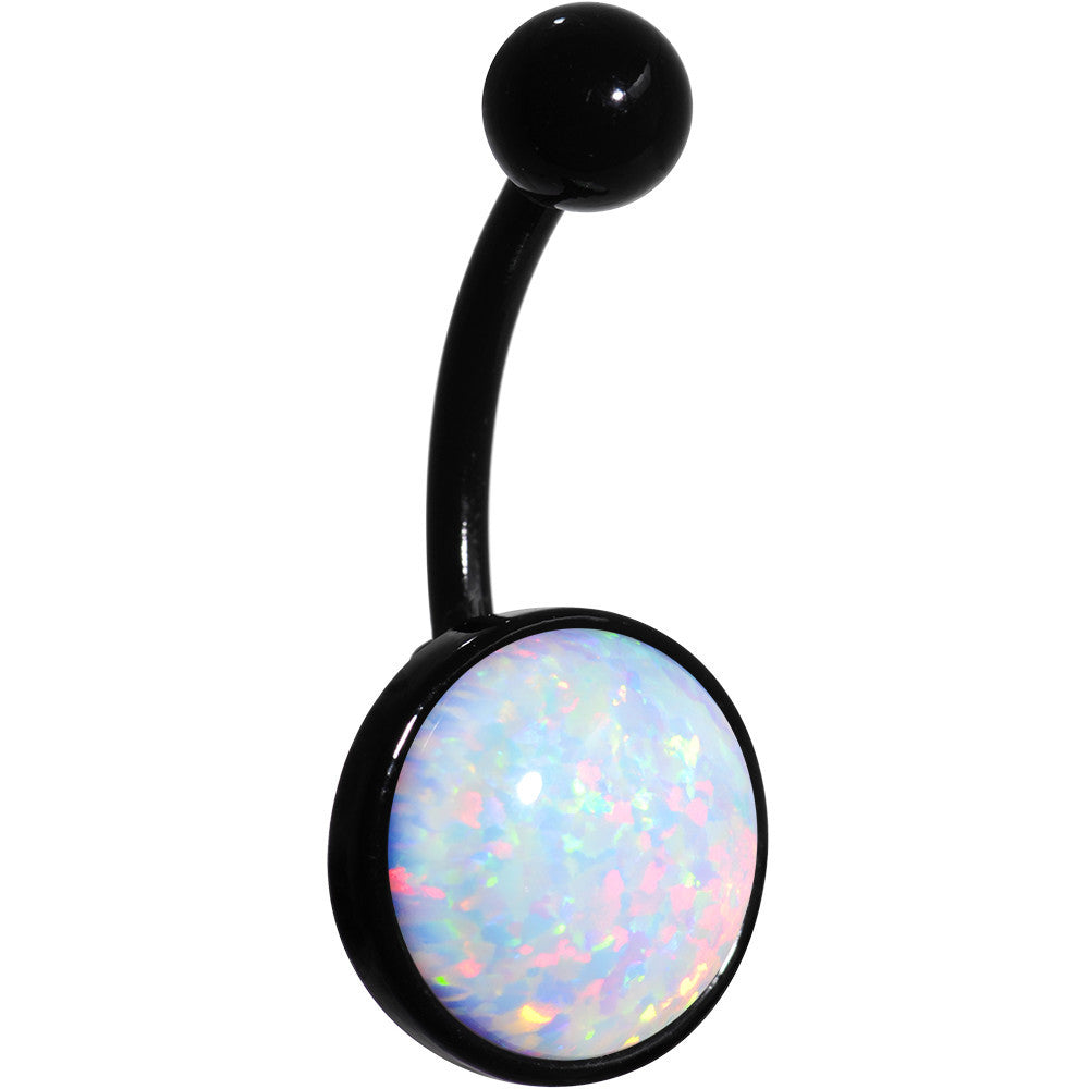 White Synthetic Opal Black Anodized Navel Belly Button Ring