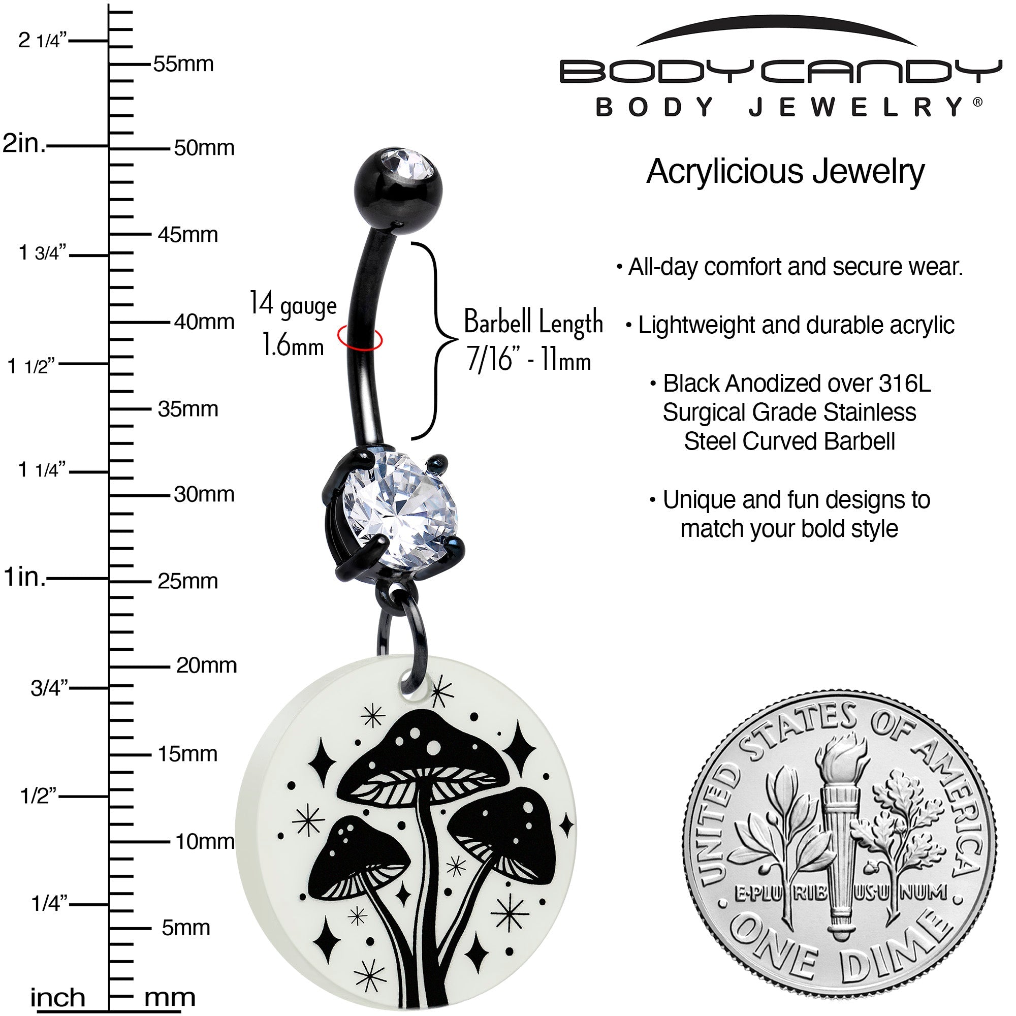 Black Double Gem Glow in the Dark Mystic Mushroom Belly Ring