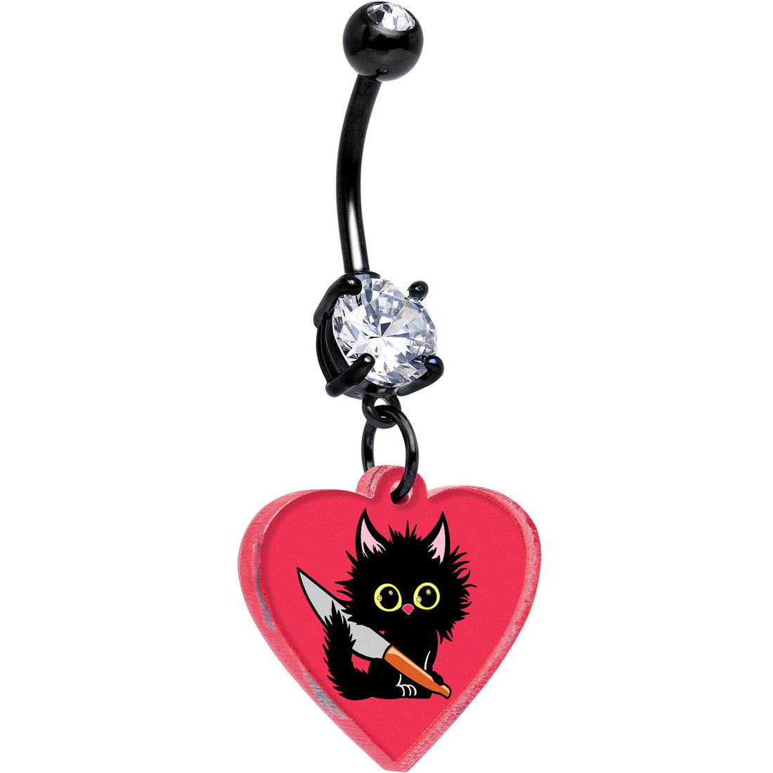 Black curved barbell belly ring with a clear gem and a heart-shaped charm featuring a black cat holding a knife