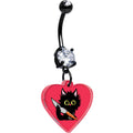 Black curved barbell belly ring with a clear gem and a heart-shaped charm featuring a black cat holding a knife