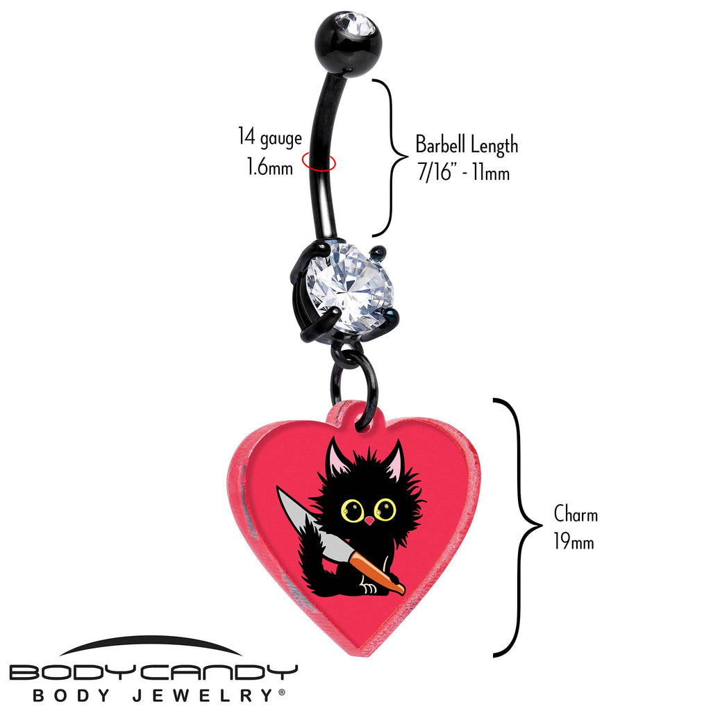 Black Cat Heart Dangle Navel Ring 14 Gauge Surgical Steel - Image 2