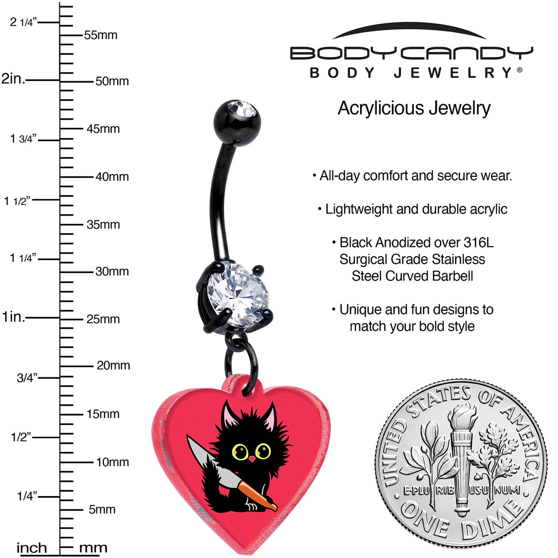 Black Cat Heart Dangle Navel Ring 14 Gauge Surgical Steel - Image 3