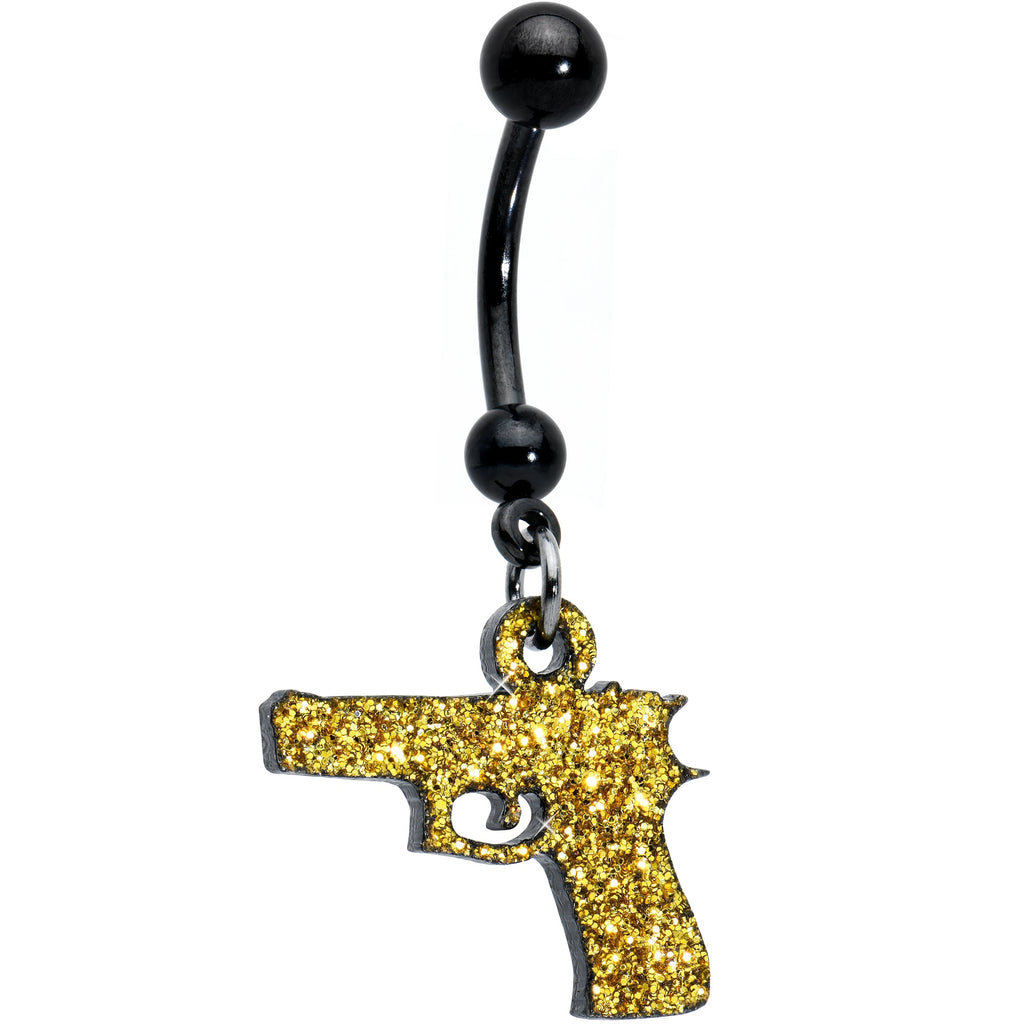 Yellow glitter gun charm dangling from a black PVD 316L stainless steel curved belly ring barbell