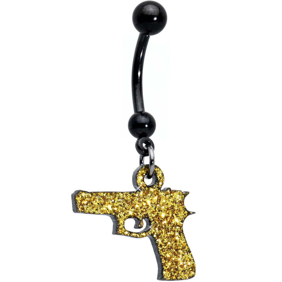 Yellow glitter gun charm dangling from a black PVD 316L stainless steel curved belly ring barbell