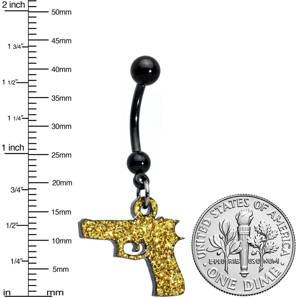 Yellow Glitter Gun Dangle Navel Ring in Black PVD Stainless Steel - Image 2