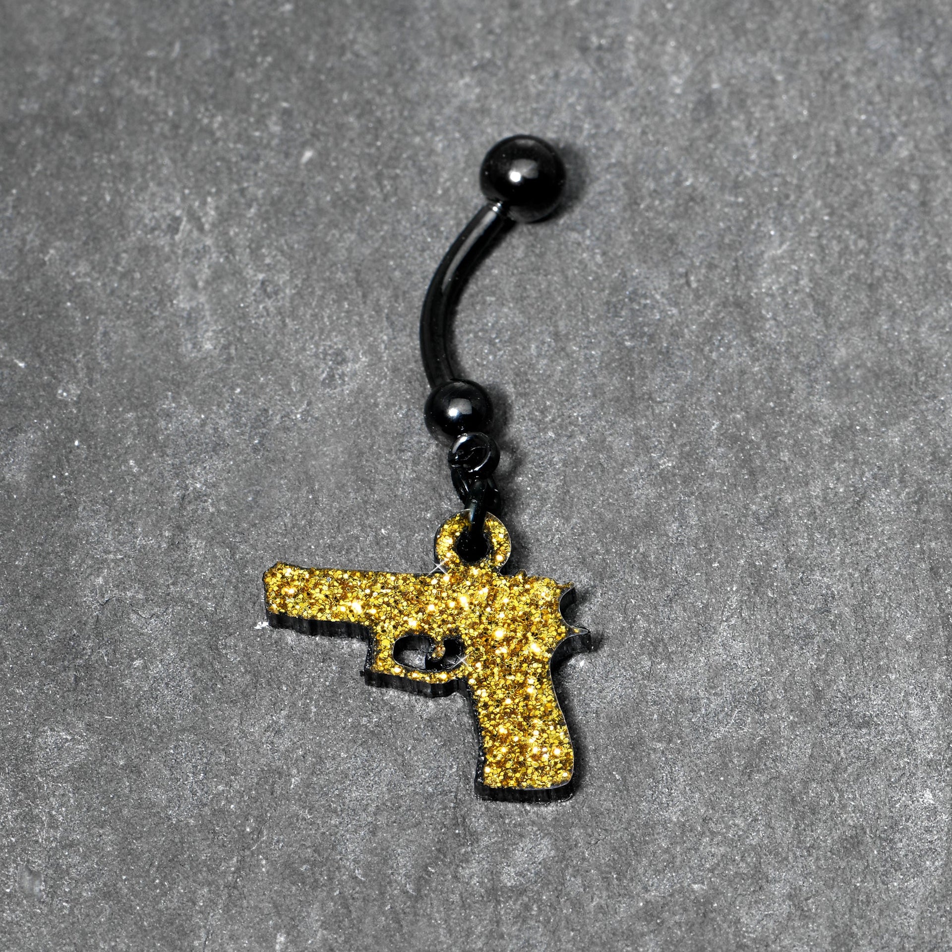 Yellow Glitter Gun Dangle Navel Ring in Black PVD Stainless Steel - Image 3
