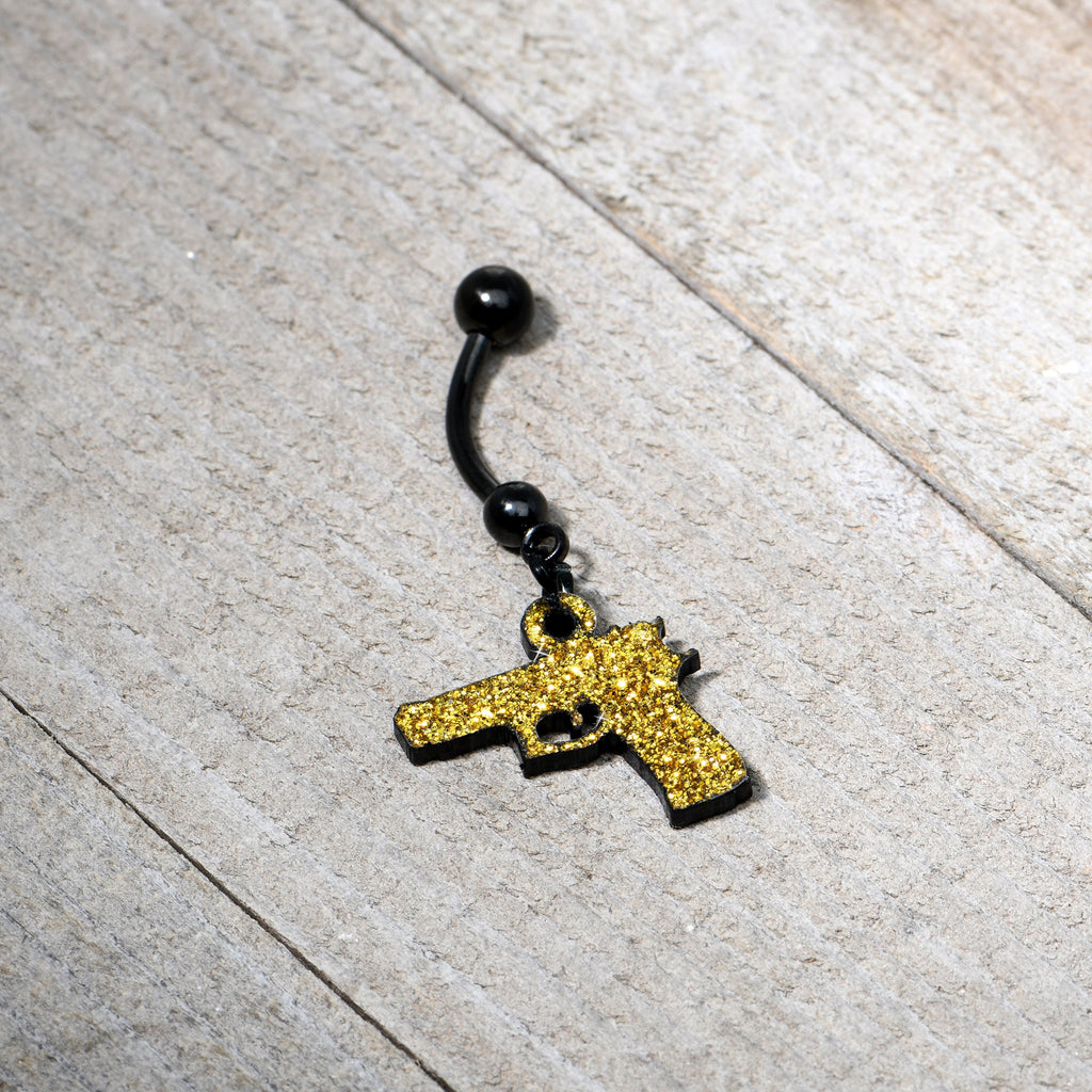 Yellow Glitter Gun Dangle Navel Ring in Black PVD Stainless Steel - Image 4