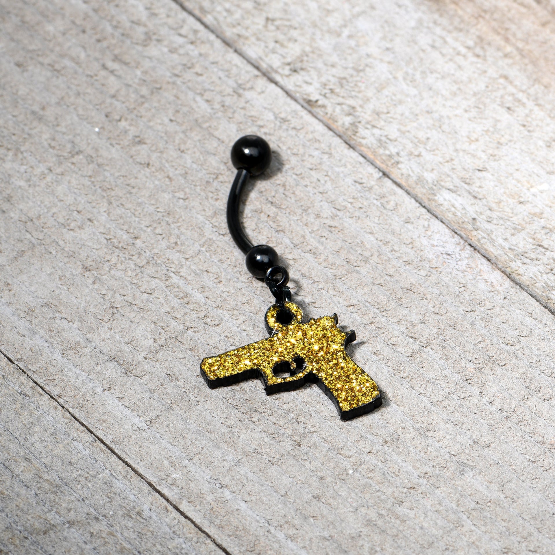 Yellow Glitter Gun Dangle Navel Ring in Black PVD Stainless Steel - Image 4