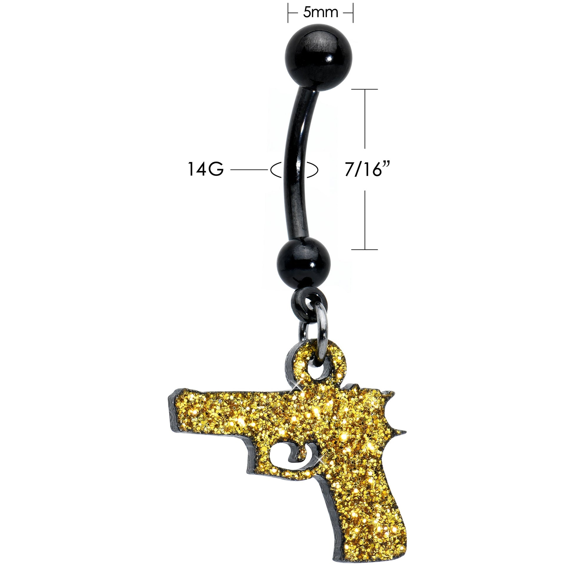 Yellow Glitter Gun Dangle Navel Ring in Black PVD Stainless Steel - Image 5