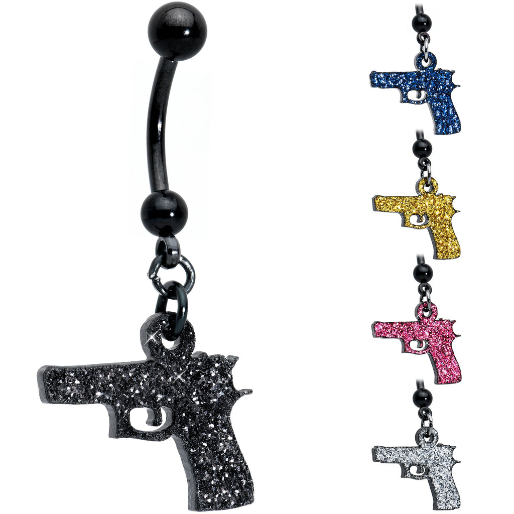 Yellow Glitter Gun Dangle Navel Ring in Black PVD Stainless Steel - Image 6