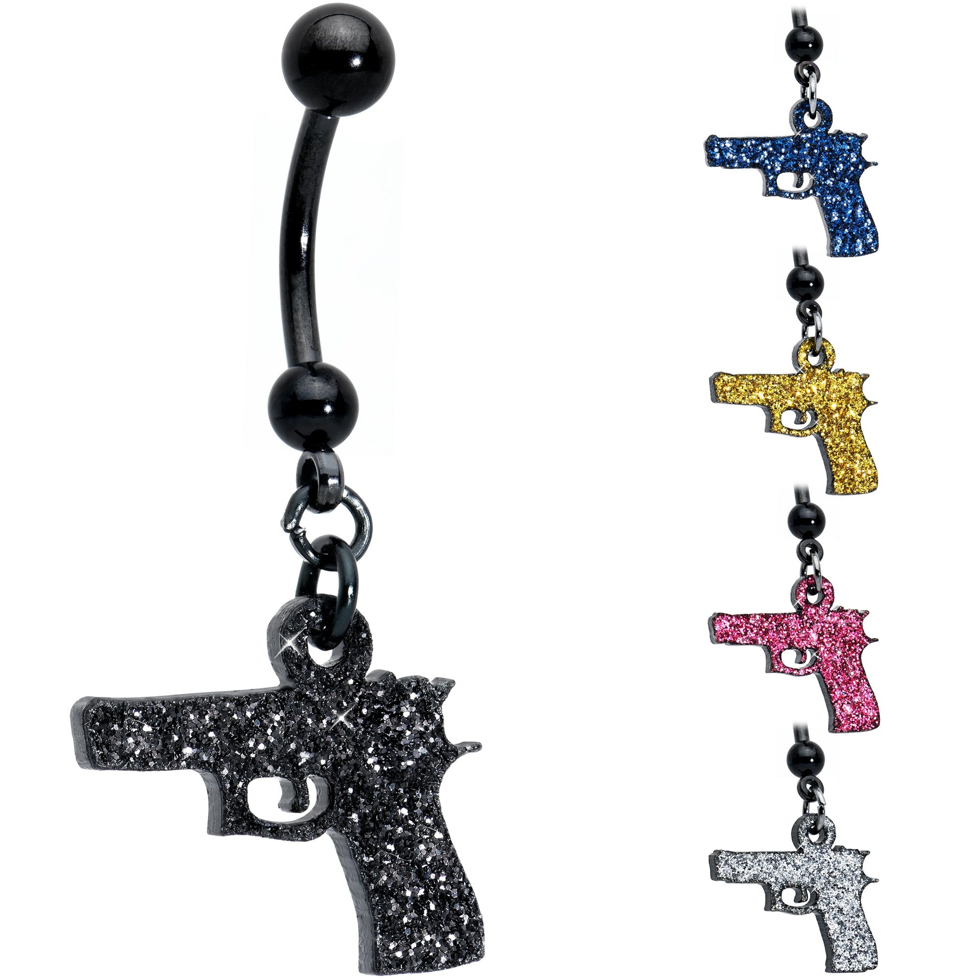 Yellow Glitter Gun Dangle Navel Ring in Black PVD Stainless Steel - Image 6