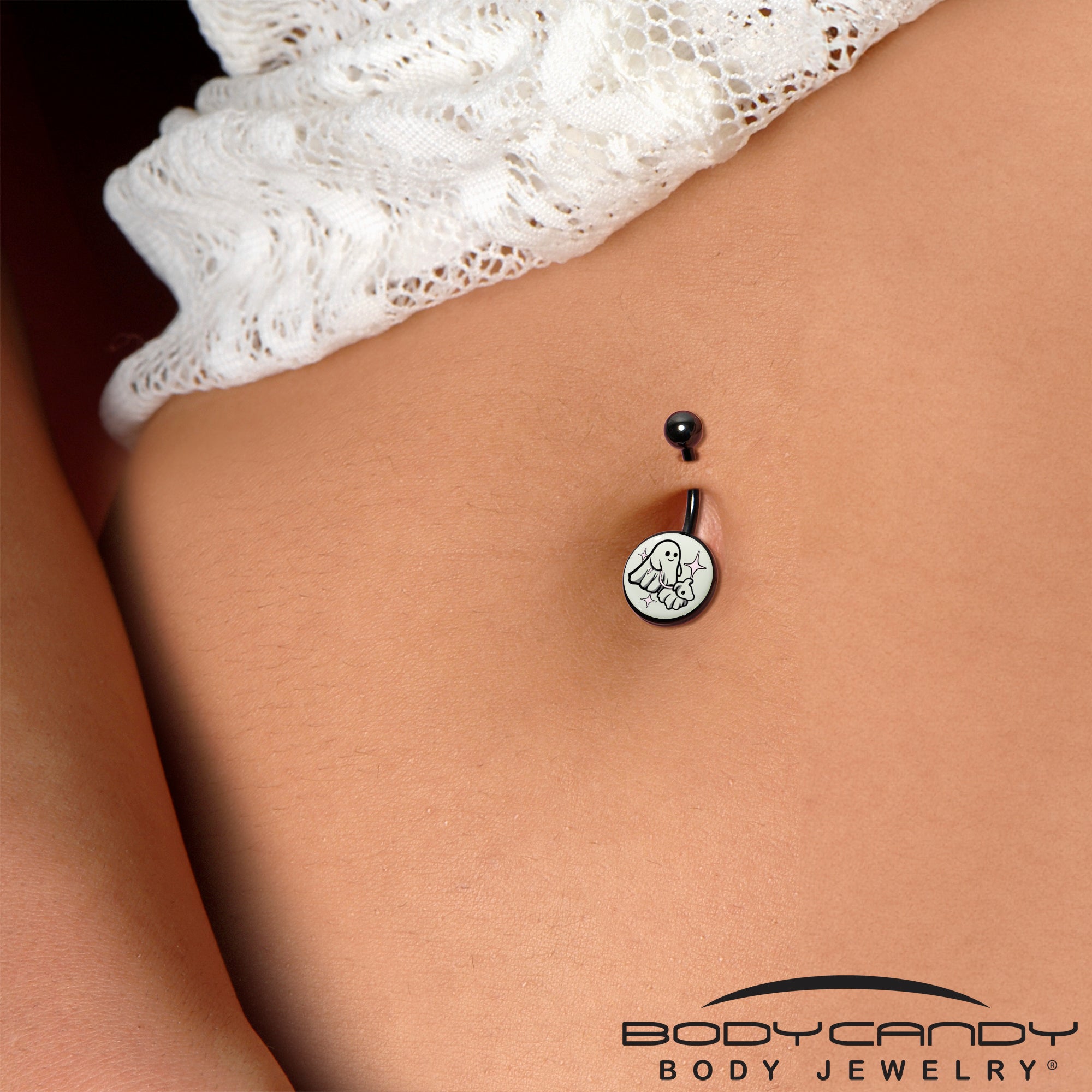 Black Anodized Glow in the Dark Halloween Ghost Dog Walker Belly Ring by Onyx O