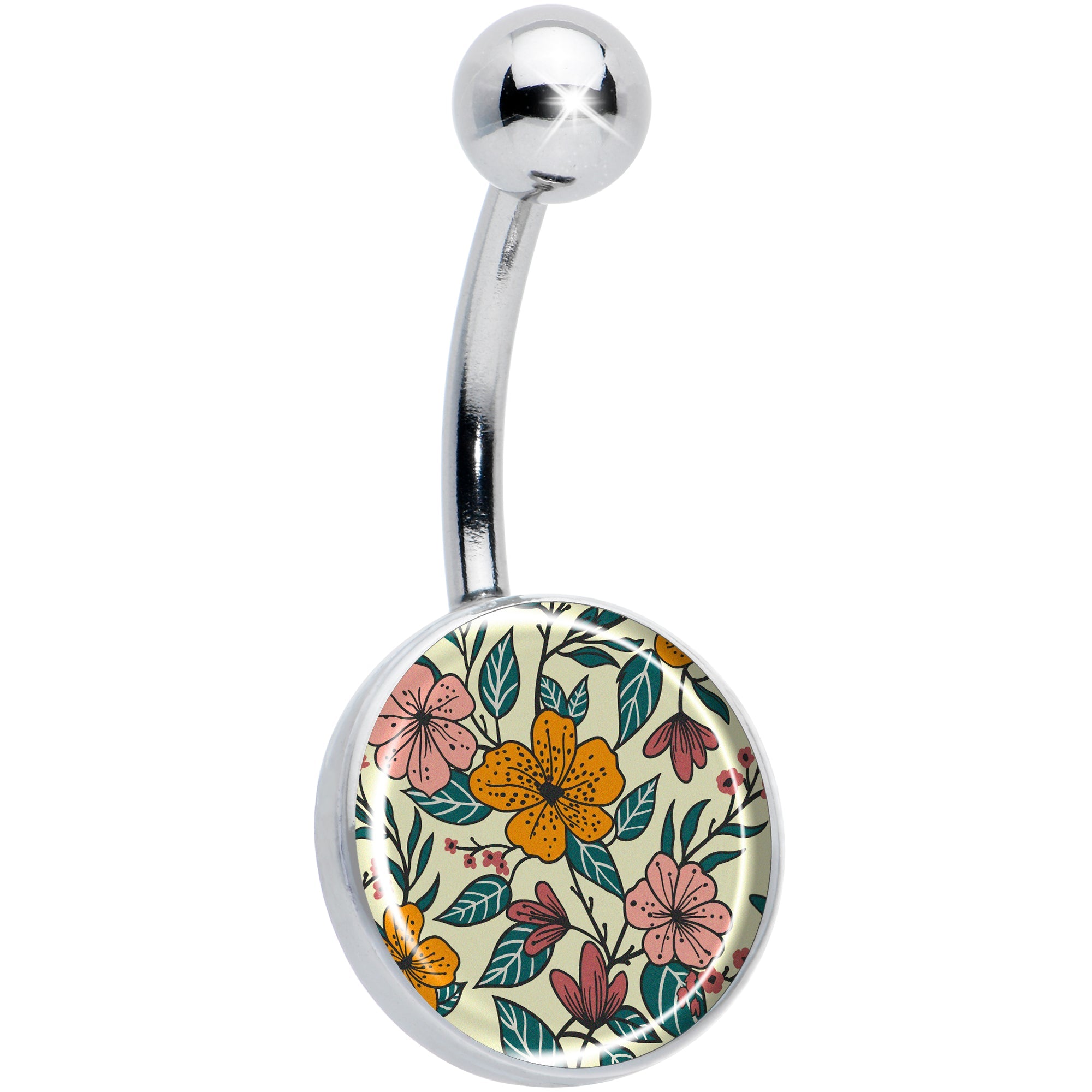 Close up of a 14g navel belly ring featuring a hand-drawn multi-colored wildflower floral pattern on a 316L stainless steel curved barbell.