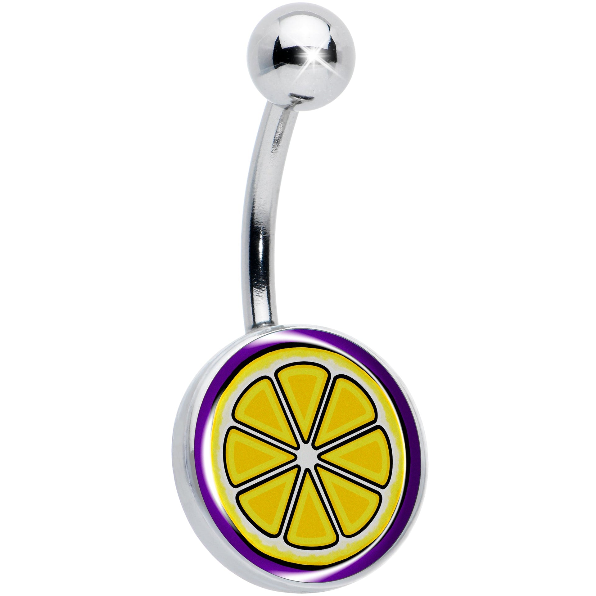 Silver-tone belly ring featuring a yellow lemon slice charm on a purple background.