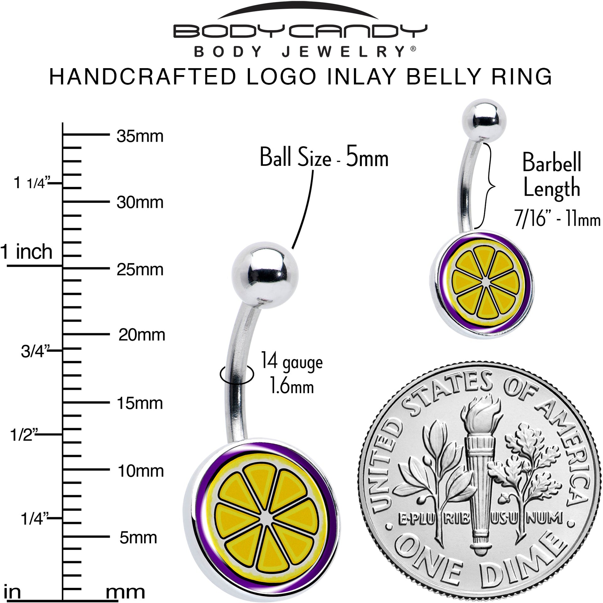 Yellow Lemon Slice Navel Ring Stainless Steel Belly Barbell - Image 6