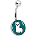 A silver-tone 14 gauge belly ring featuring a white llama charm on a deep green background.