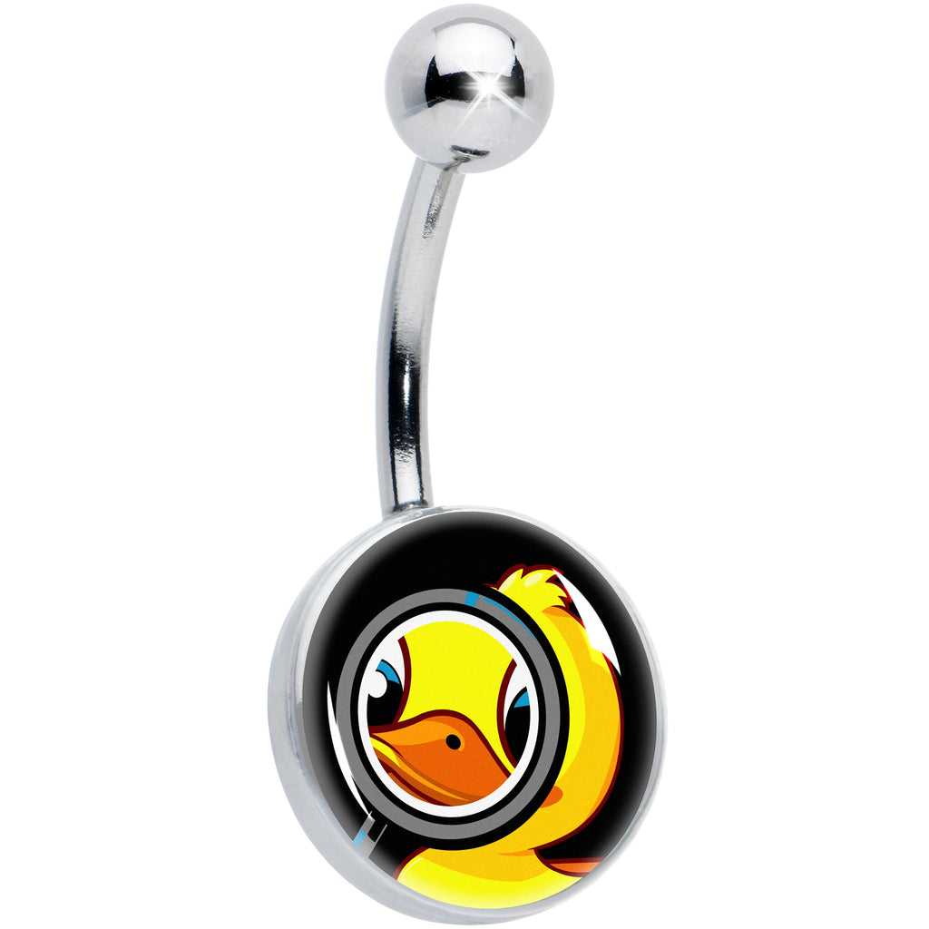 A silver-tone 14 gauge belly ring featuring a yellow duck graphic looking through a magnifying glass.