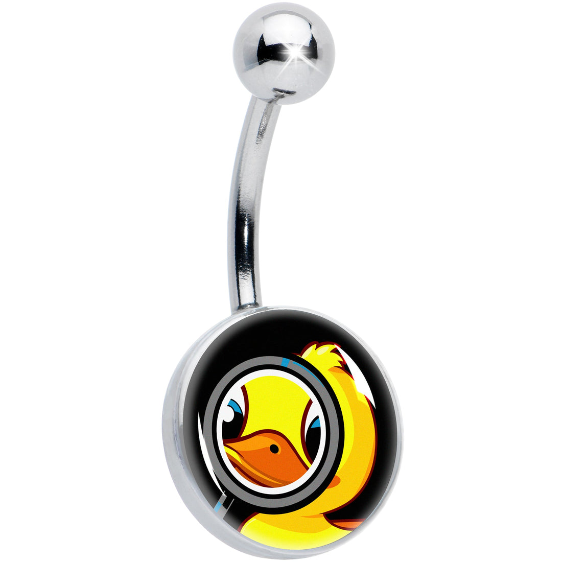 A silver-tone 14 gauge belly ring featuring a yellow duck graphic looking through a magnifying glass.