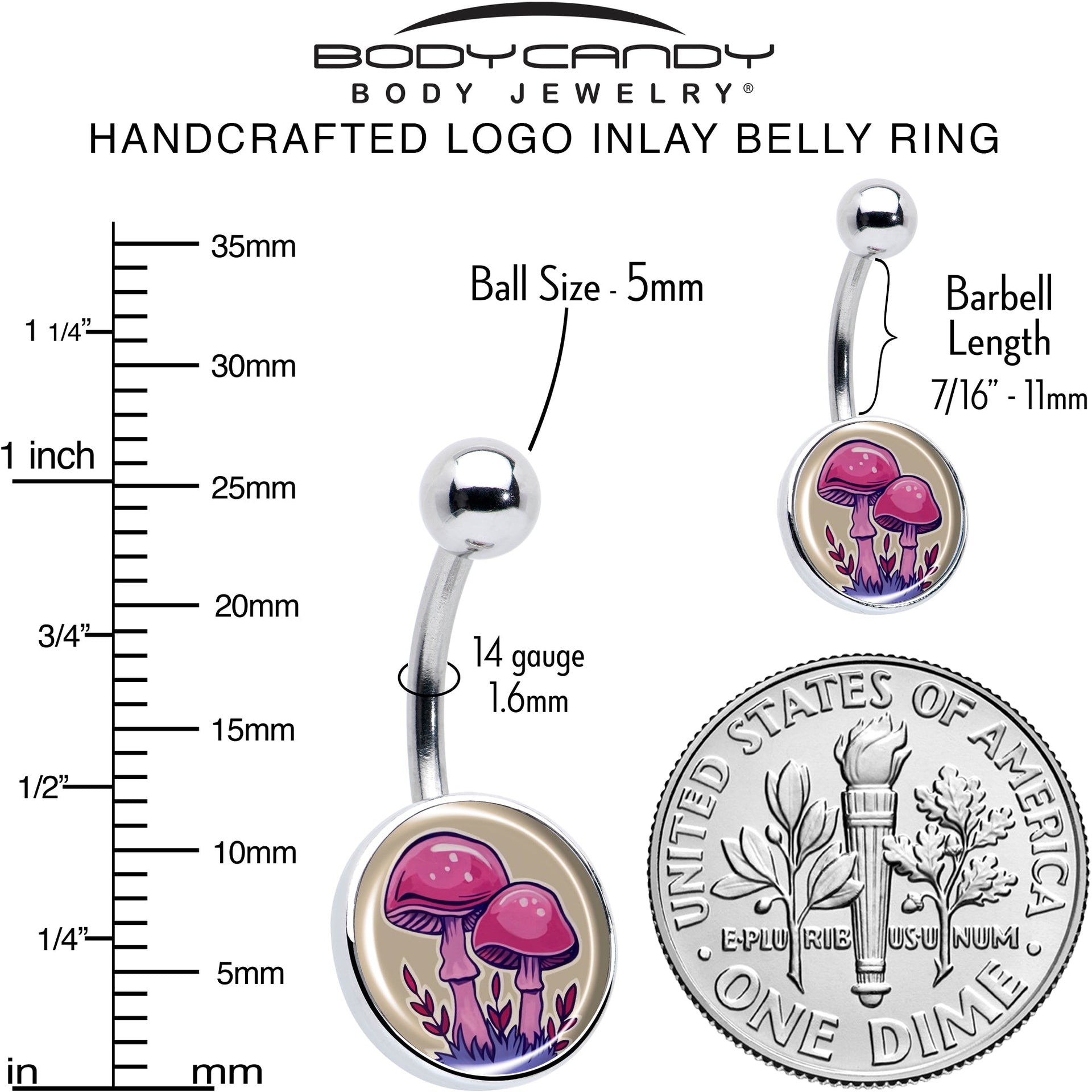 Artist Drawn Pink Mushrooms Belly Ring by Onyx O
