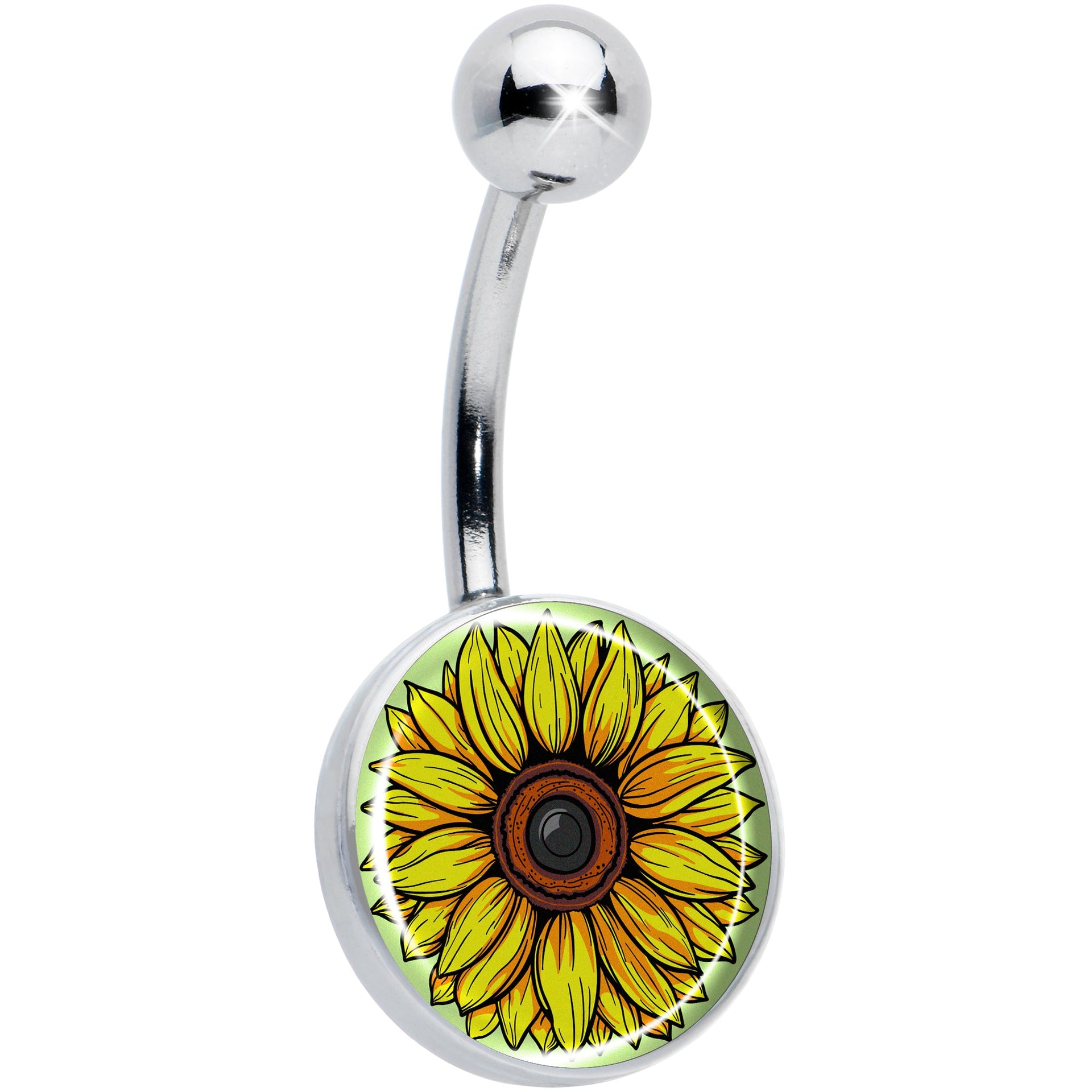A silver-toned curved barbell belly ring featuring a detailed hand-drawn yellow sunflower graphic on the bottom charm.