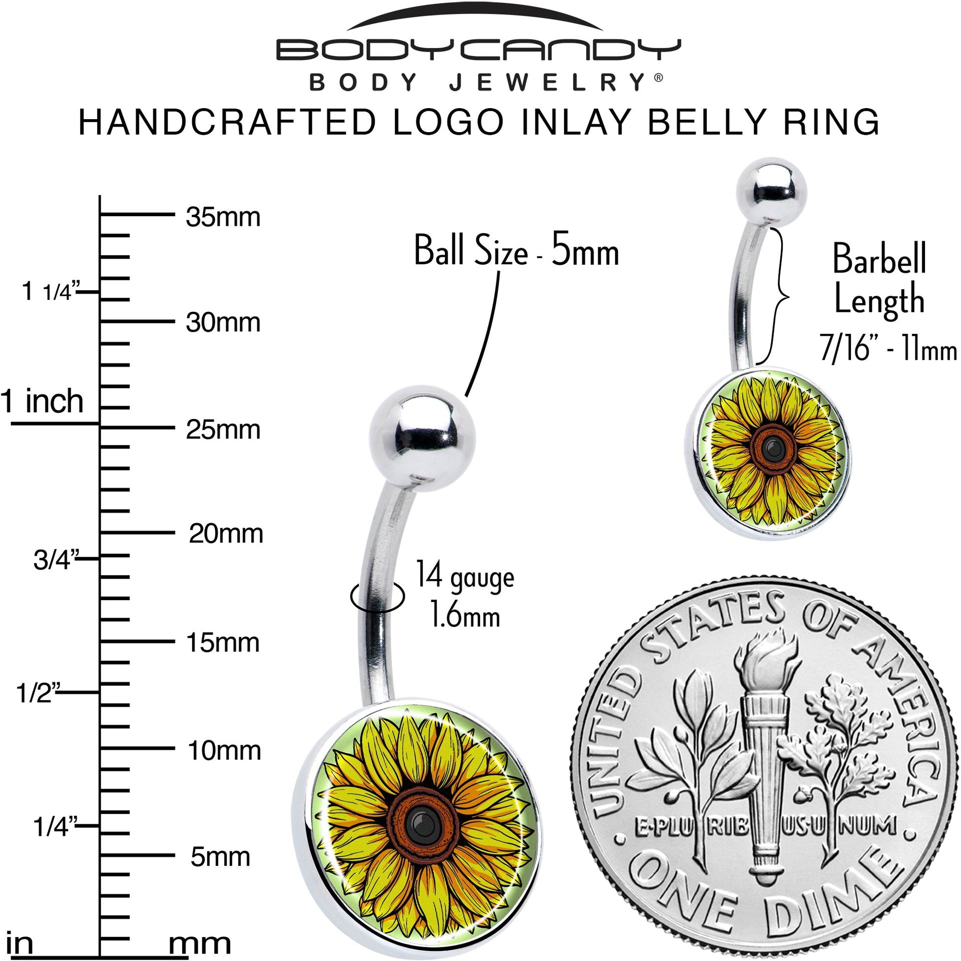 Yellow Sunflower Belly Ring in Surgical Steel Navel Jewelry - Image 6