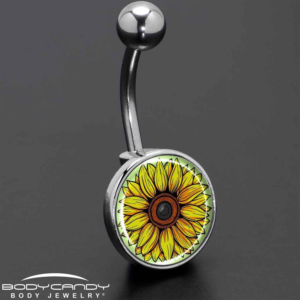 Yellow Sunflower Belly Ring in Surgical Steel Navel Jewelry - Image 8
