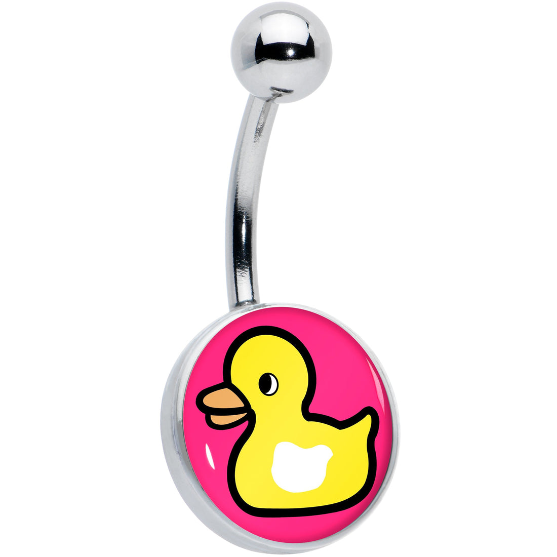 A silver-toned curved barbell belly ring featuring a disc charm with a yellow rubber ducky on a bright pink background.
