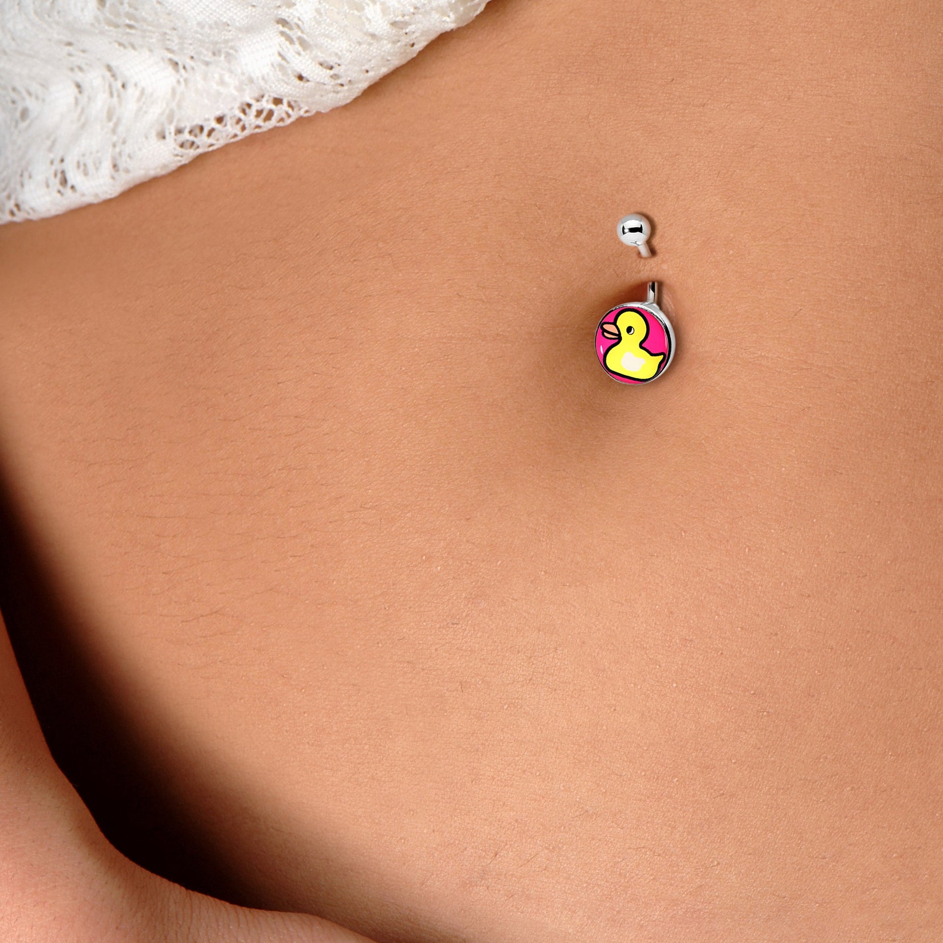 Yellow Ducky Navel Ring with Pink Background Belly Button Piercing - Image 2