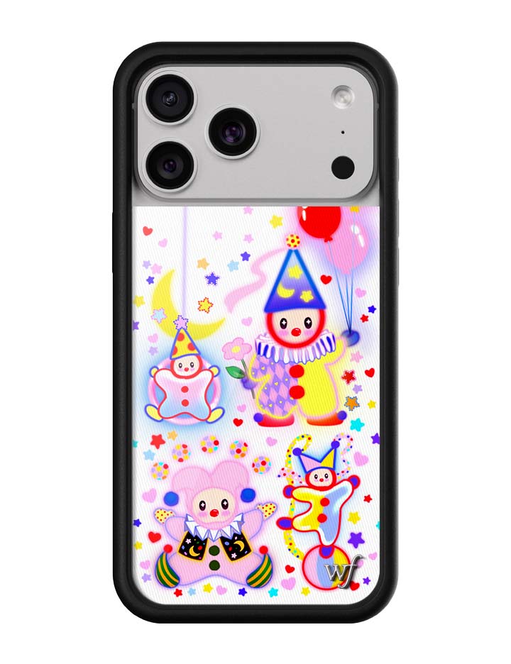 Clown Around iPhone case featuring colorful airbrushed clown characters with stars, hearts, and moons on a black frame.