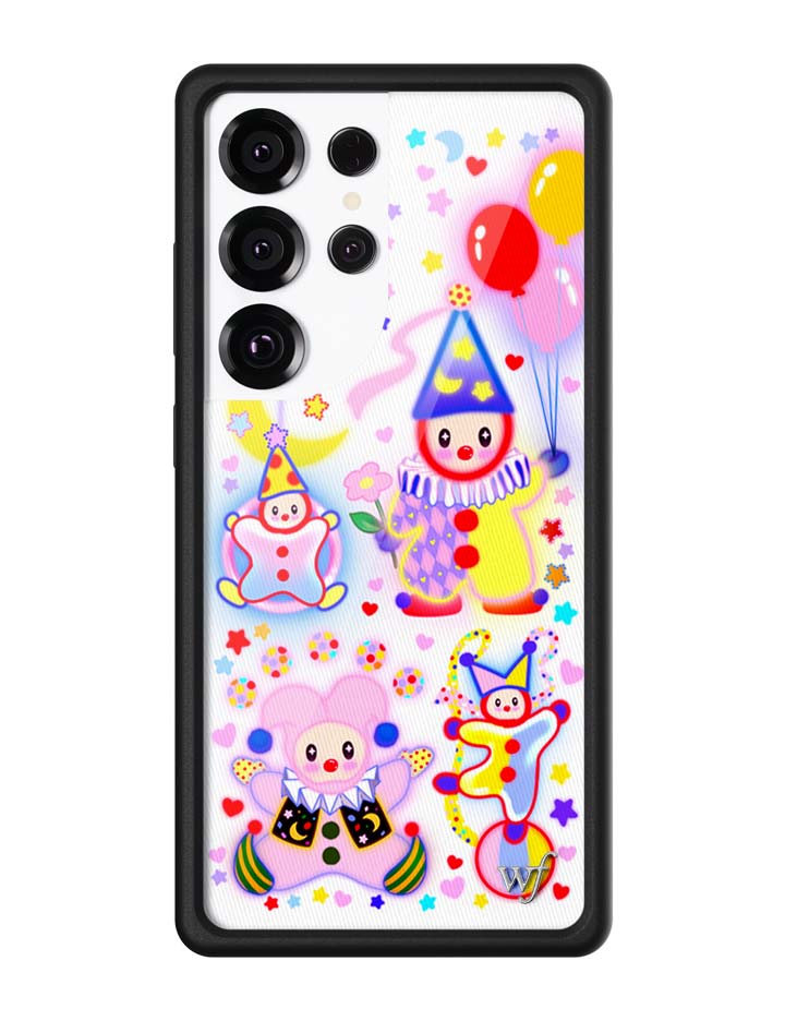 Samsung Galaxy phone case with colorful airbrushed clown graphics, balloons, stars, hearts, and moons on a black frame.