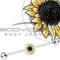 Industrial barbell with a yellow sunflower design made from 316L stainless steel
