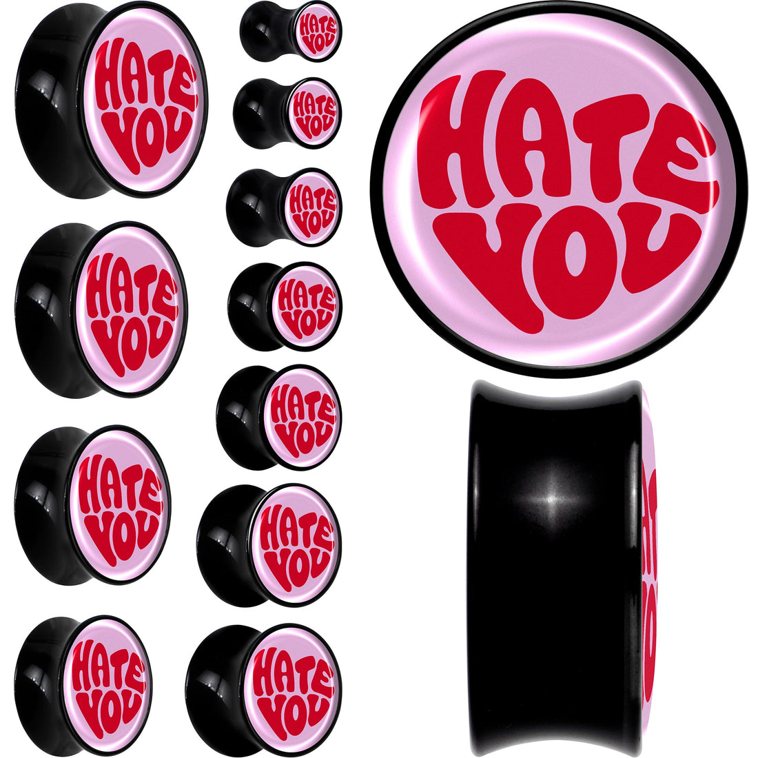 Retro Text Hate You Black Acrylic Saddle Plug Set by Onyx O