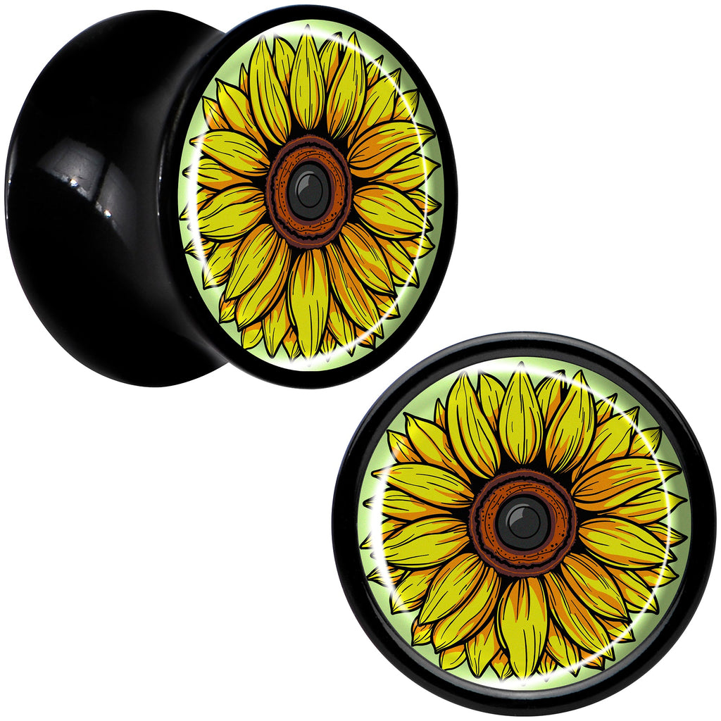 Yellow Sunflower Saddle Plugs in Black Acrylic - Hypoallergenic