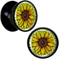 Yellow Sunflower Saddle Plugs in Black Acrylic - Hypoallergenic