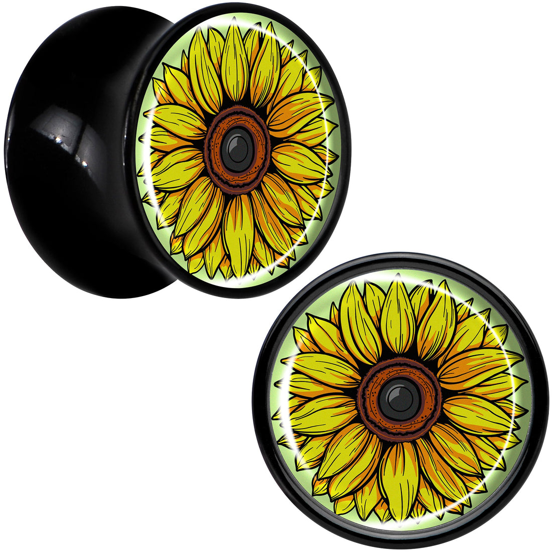 Yellow Sunflower Saddle Plugs in Black Acrylic - Hypoallergenic