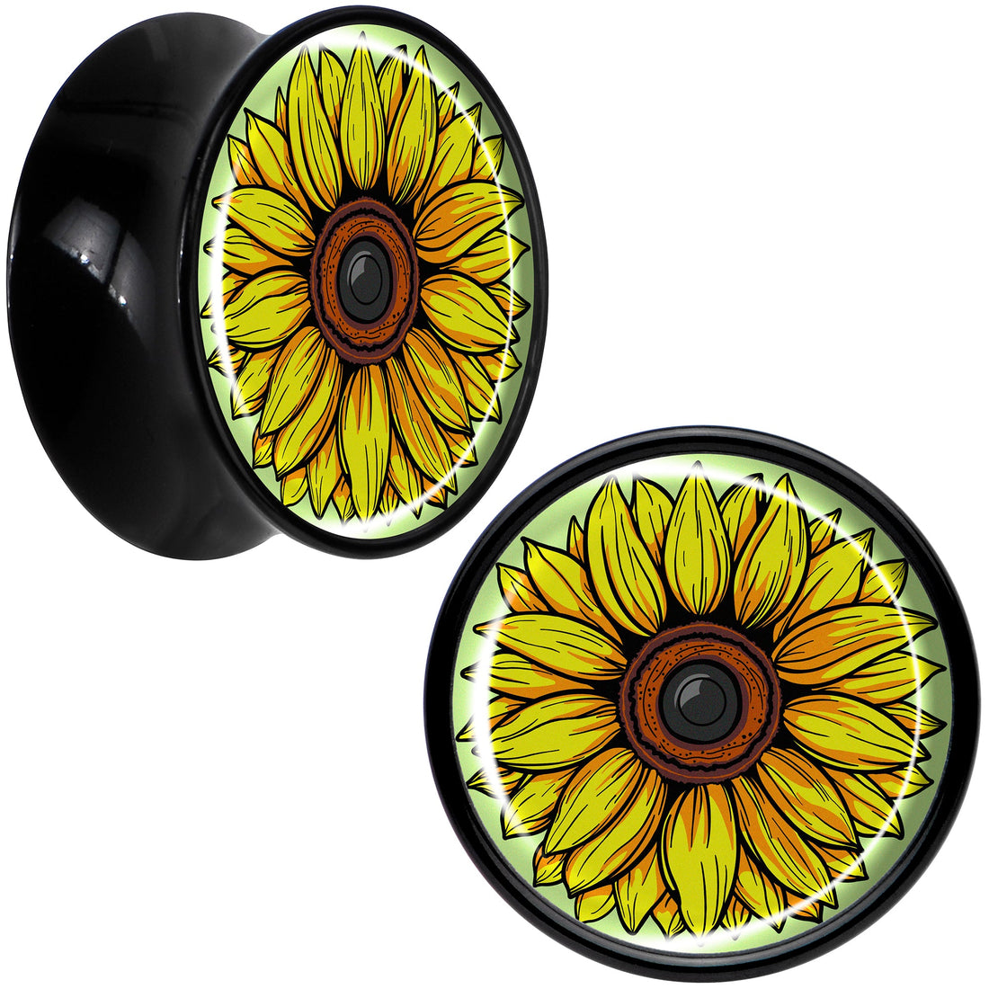 Yellow Sunflower Saddle Plugs in Black Acrylic - Hypoallergenic