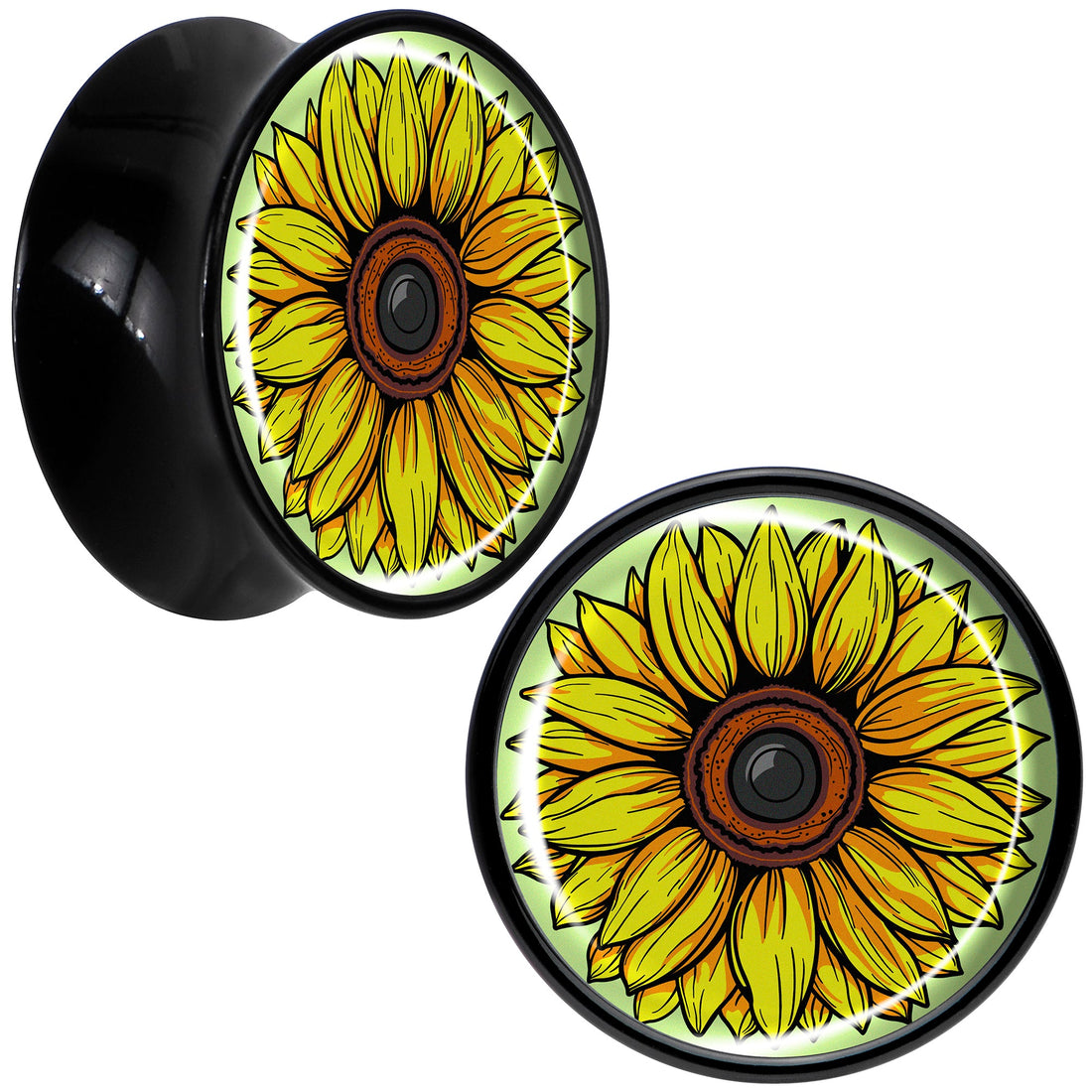 Yellow Sunflower Saddle Plugs in Black Acrylic - Hypoallergenic