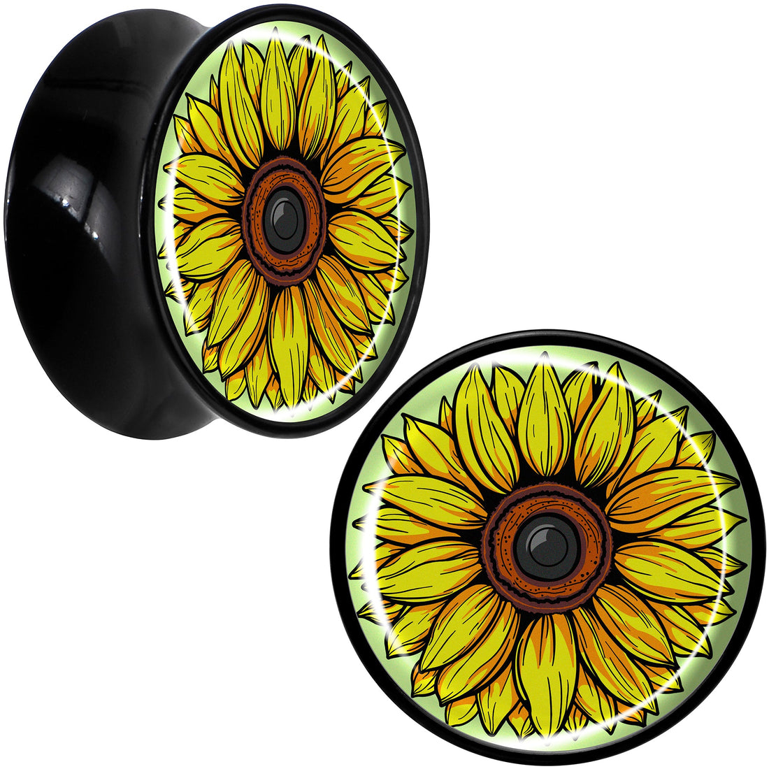 Yellow Sunflower Saddle Plugs in Black Acrylic - Hypoallergenic