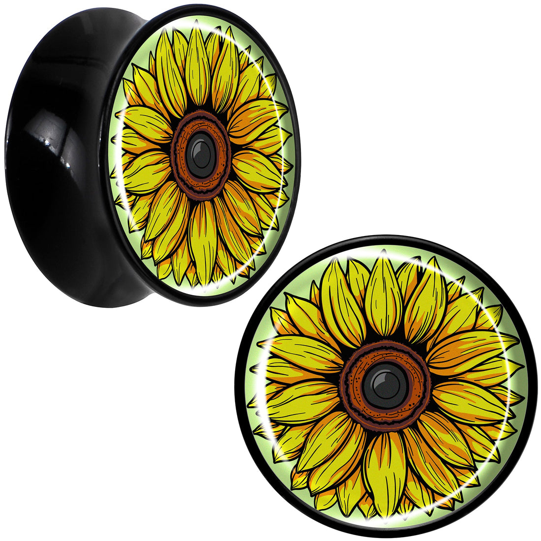 Yellow Sunflower Saddle Plugs in Black Acrylic - Hypoallergenic