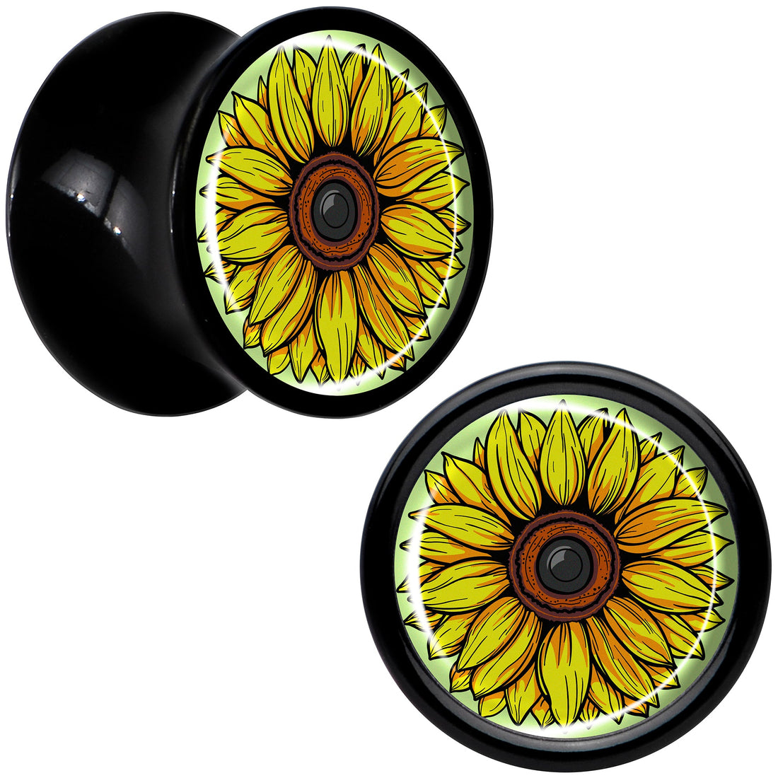 Yellow Sunflower Saddle Plugs in Black Acrylic - Hypoallergenic