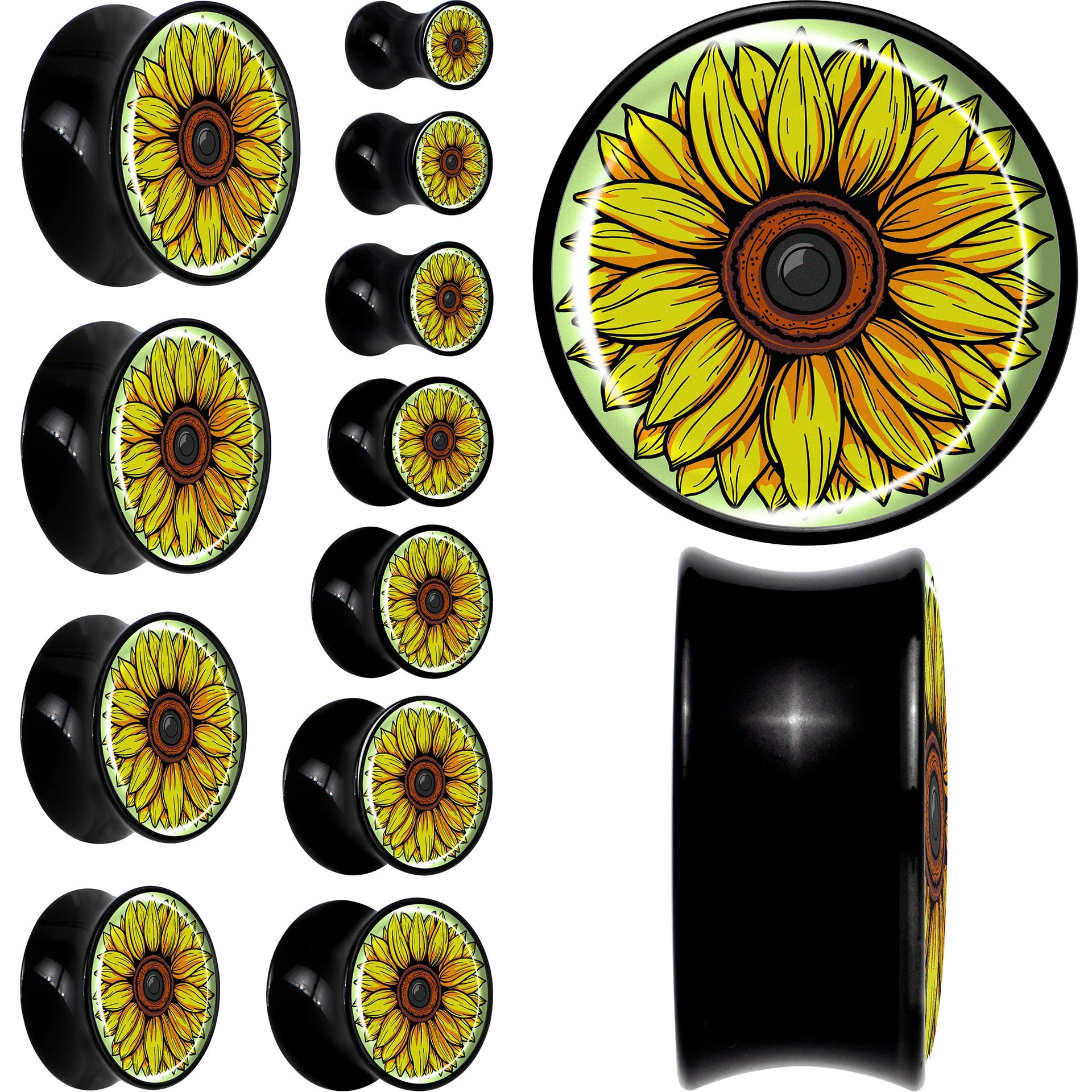 A pair of yellow sunflower print saddle plugs made from black acrylic material.