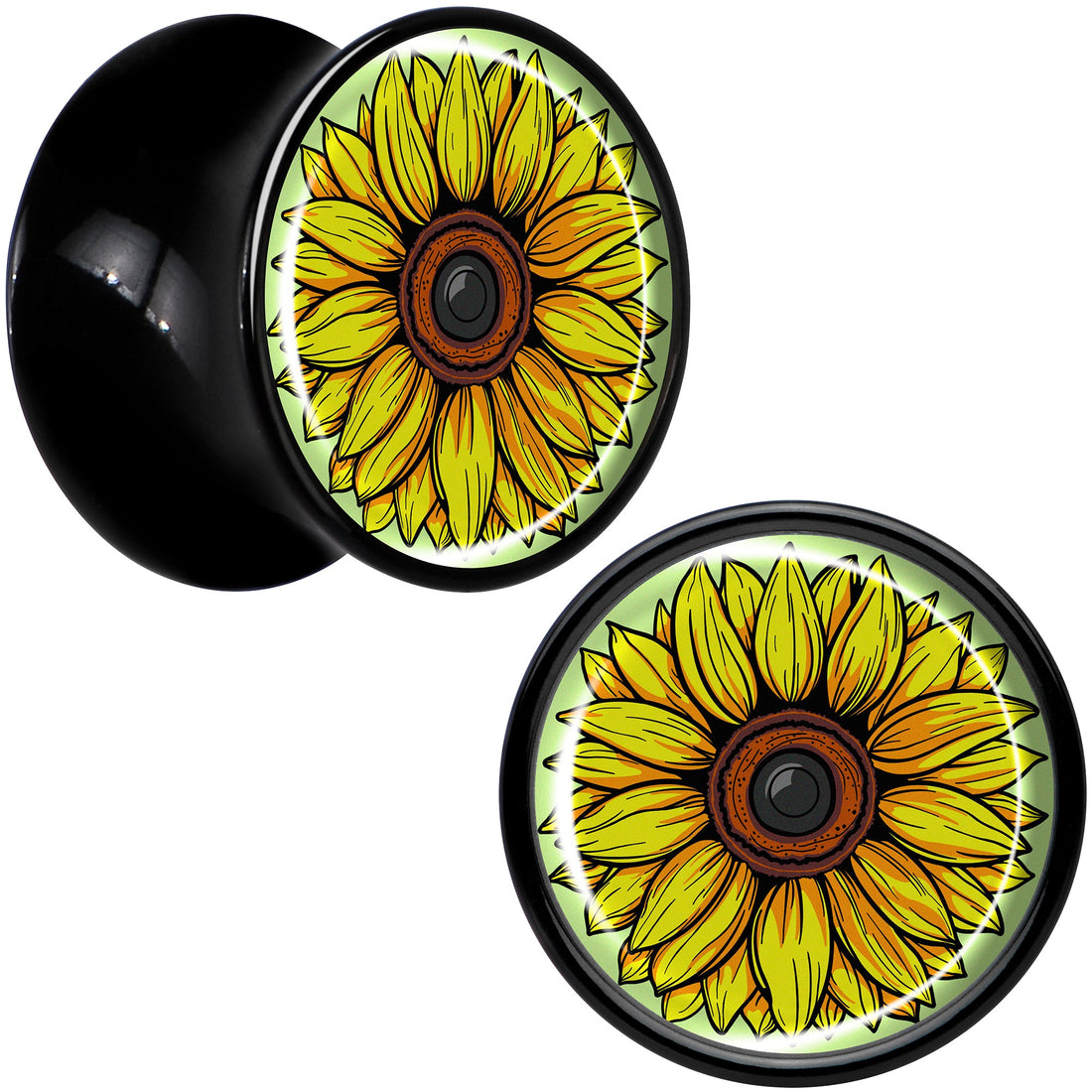 Yellow Sunflower Saddle Plugs in Black Acrylic - Hypoallergenic