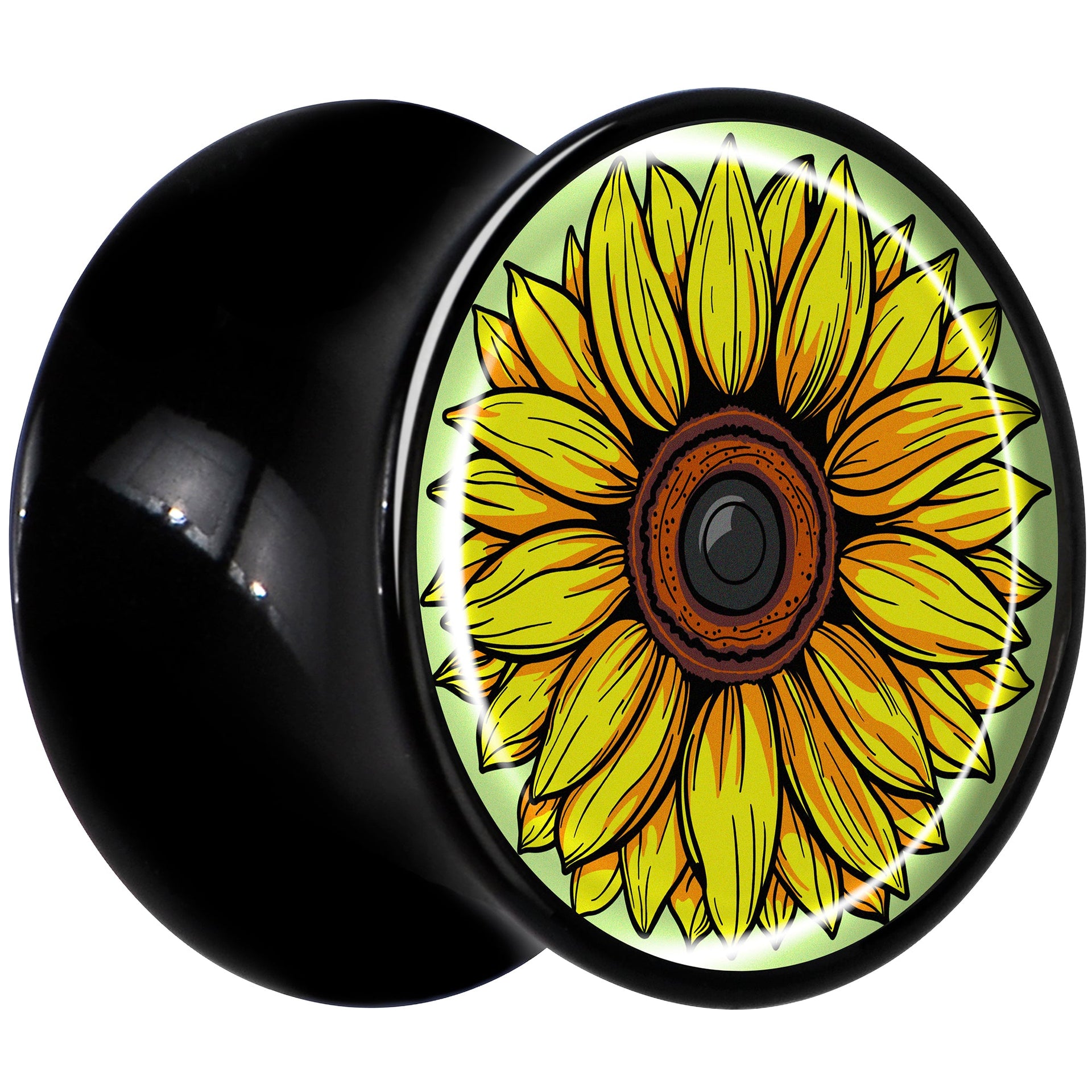Yellow Sunflower Saddle Plugs in Black Acrylic - Hypoallergenic