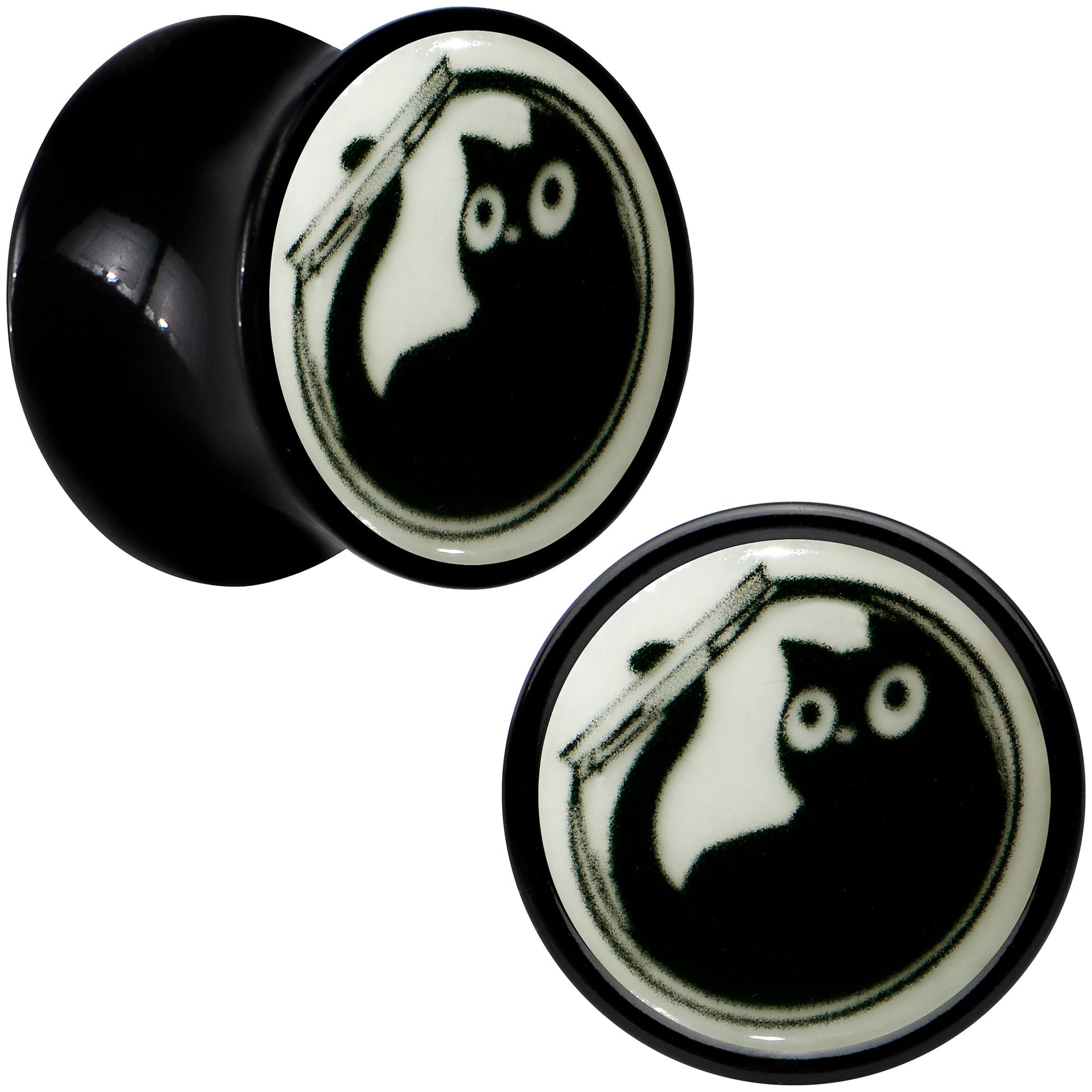 0G Glow in the Dark Fishbowl Kitty Cat Black Acrylic Saddle Plug Set by Onyx O