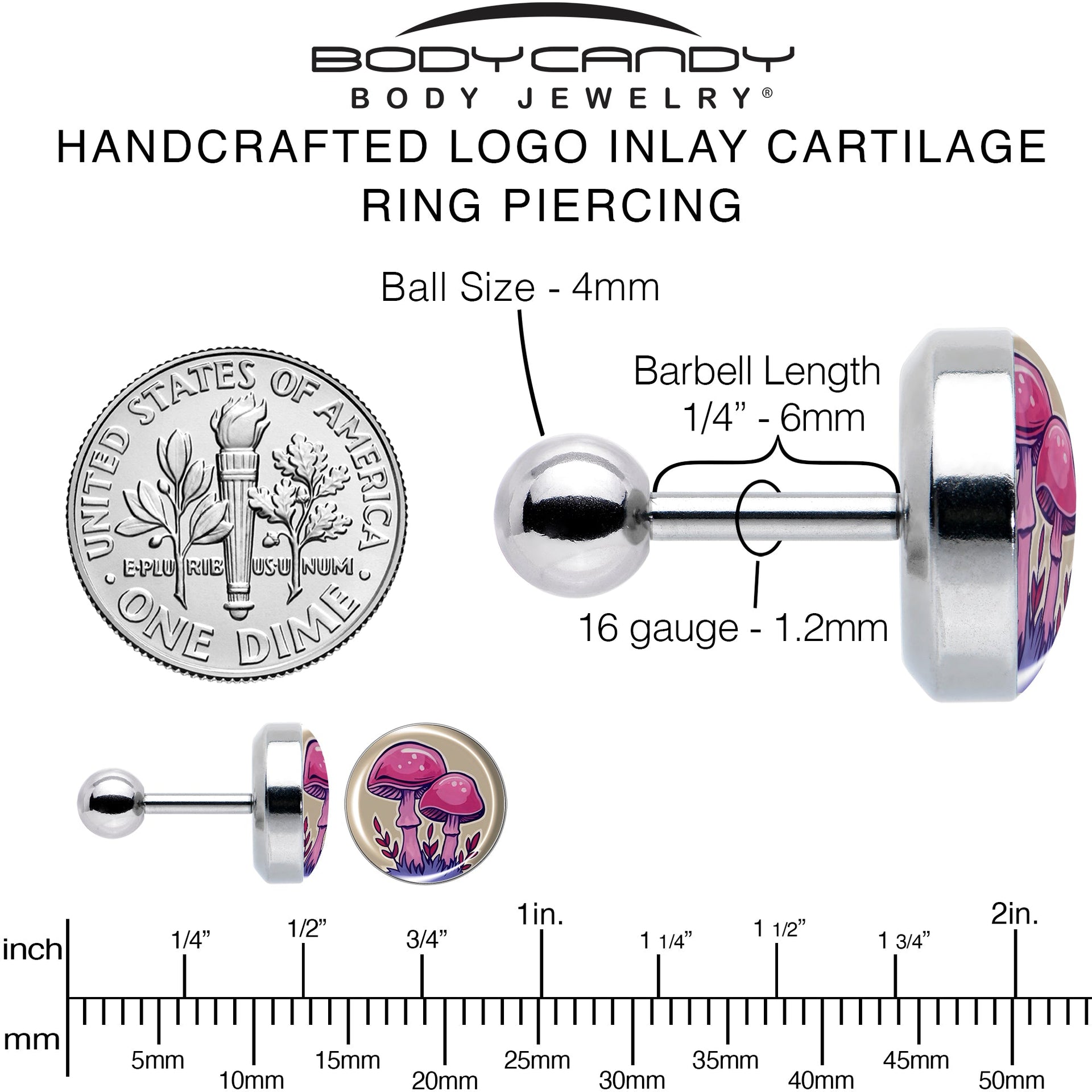 16G 1/4 Artist Drawn Pink Mushrooms Tragus Cartilage Earring by Onyx O