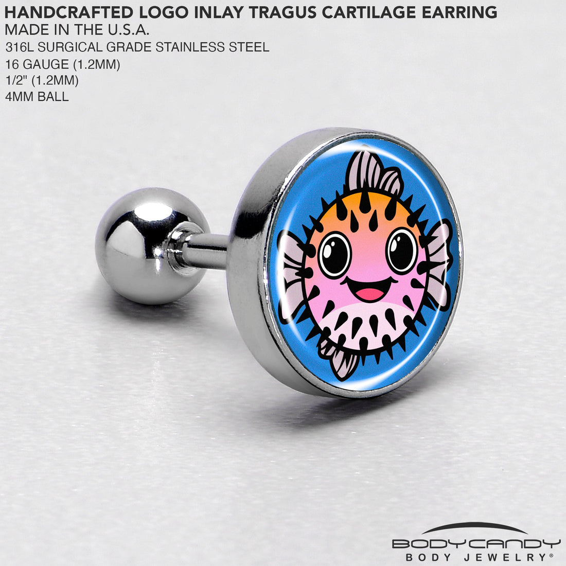 16G 1/4 Swimming Pufferfish Tragus Cartilage Earring by Onyx O